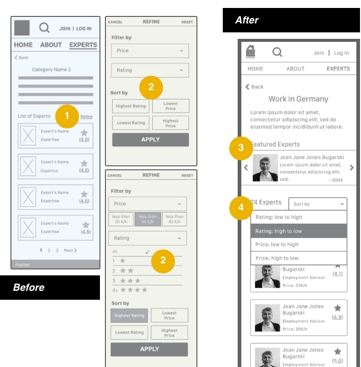 Picture of the sketch and wireframe for browsing the experts